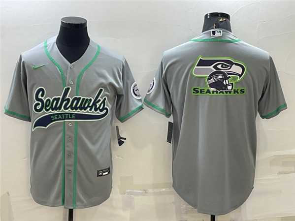 Mens Seattle Seahawks Gray Team Big Logo With Patch Cool Base Stitched Baseball Jersey->seattle seahawks->NFL Jersey